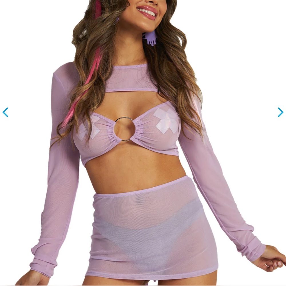 Never worn 1x Rave/festival lavender/purple mesh long sleeve with skirt set